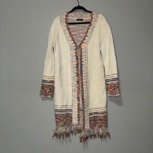Janice White Rainbow Fuzzy Knit Longline Open Front Duster Cardigan Fringe OS